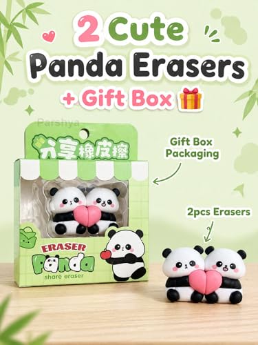 Image of Parshya Cute Paanda Eraser Set (2 Pcs) with Gift Box | Kawaii Split Heart Design | Non-Toxic Soft Rubber Erasers for Kids School Supplies Return Gifts Stationery Items for Girls Boys