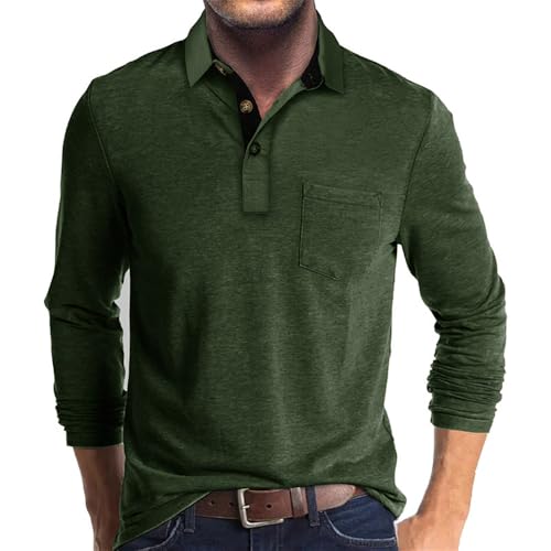 Men Casual T-Shirt Workout Elasticity Comfortable Men Polo Shirt Classic All-Match Trend Men Longsleeve Shirt Loose Unicoloured Lapel Men Basic Shirt I-Green XXL
