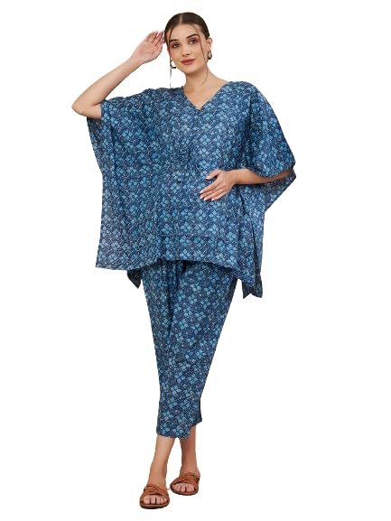 Women's Blue Printed Maternity Kaftan Top With Pant Set-image-39