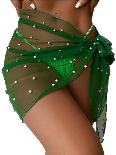 Image of GORGLITTER Women's Cover Up Sarong Wrap Skirt Bachelorette Outfits for Bride Sheer Mesh Bridal Swimsuit Pearl Bathing Suit