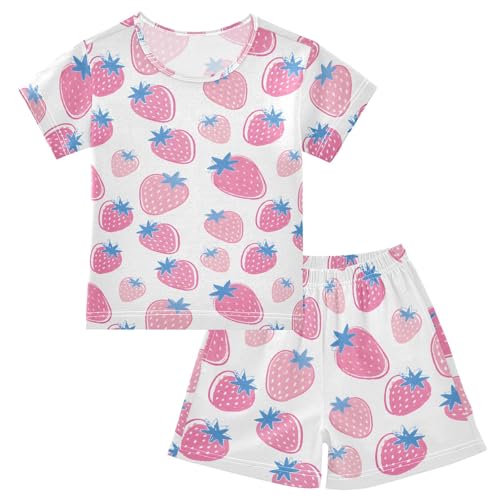 Strawberry White Pink Pattern Summer Cute Pajama Sets, Short Sets for Daily Wears and Sleep Wears