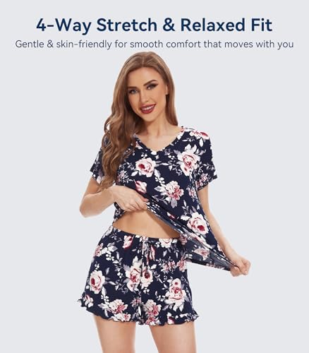 Image of WiWi Womens Pajamas Set Bamboo Viscose Super Soft Short Sleeve Top Ruffle Shorts Sleepwear Cooling Pj Sets S-XXL