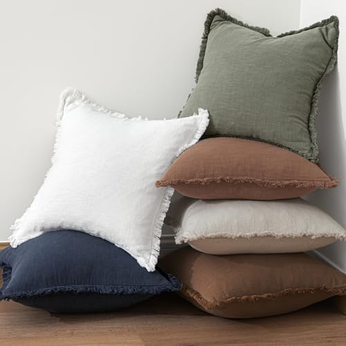 Image of MIULEE Decorative Throw Pillow Covers Neutral Linen Fringe Throw Pillows Set of 2 Dark Coffee Boho Farmhouse Cushion Covers with Tassels for Couch Sofa Bed Living Room Fall Home Decor 20x20 Inch