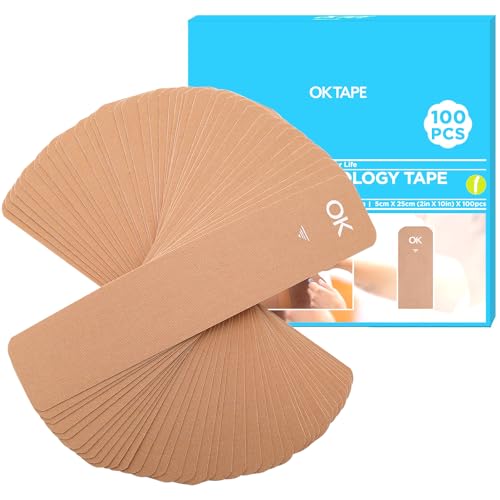 Image of OK TAPE 100Pcs Precut Kinesiology Tape Strips, Elastic Athletic Tape | for Joints Support & Muscle Pain Relief, Waterproof, Kinetic Tape for Shoulder, Knee, Ankle (Beige, 2 inch x 10 inch)