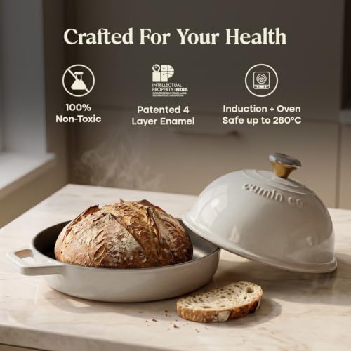 Image of CUMIN CO. Cast Iron Bread Oven | 20 cm | Non Toxic Bakeware | Patented Enamel Coating | FDA Compliant | Free Accessories | Induction & Oven Safe | White