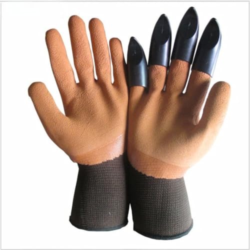 MIXNEX Garden Genie Gloves with Claws for Digging & Planting – Waterproof & Breathable Gardening Gloves – Durable ABS Plastic Fingertips – Yard, Outdoor Work (Coffee Brown – 4 Claws)