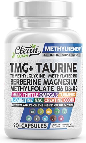 Clean Nutra TMG Supplements 1000mg | Methylated Multivitamin for Women Men | Taurine B6 Vitamins B12 D3 K2 Trimethylglycine Magnesium Methylfolate Milk Thistle NAC COQ10 B Supplement Complex Capsules