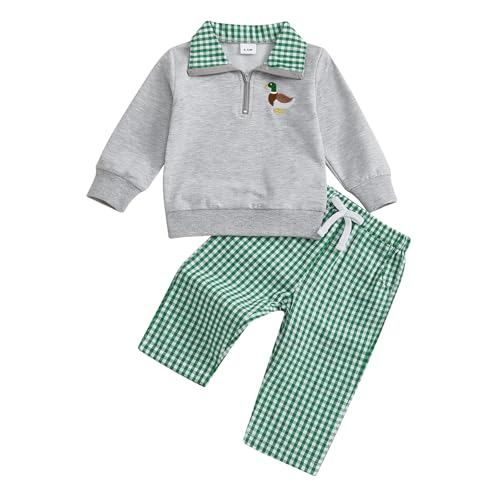 Gueuusu Toddler Baby Boy Girl Hunting Outfit Mallard Duck Embroidery Quarter Zip Collared Shirt Plaid Pants Set Clothes