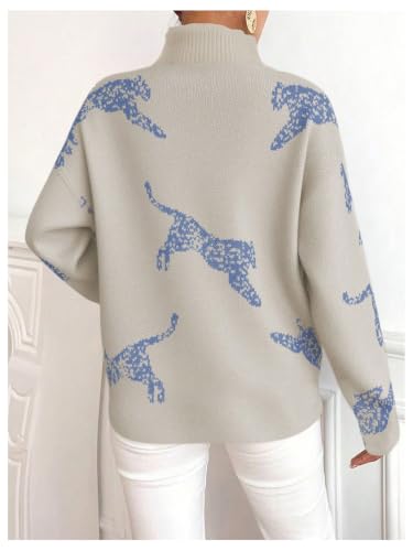 Image of WDIRARA Women's Leopard Tiger Print Sweater High Neck Long Sleeve Fuzzy Knitted Pullover Top