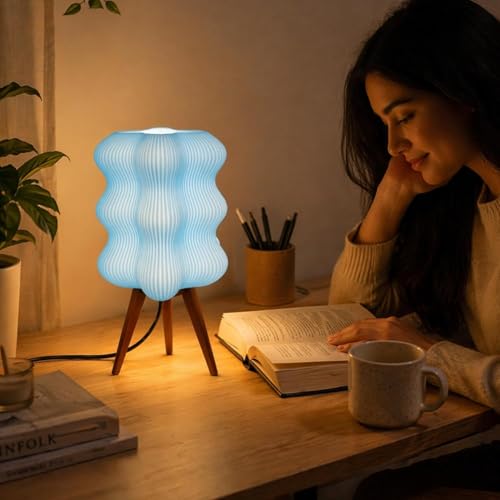 Image of Aura Table Lamp | Modern Decorative Bedside Lamp | High, Quality PLA Material | Warm Ambient Lighting | Designer Night Lamp for Bedroom, Living Room & Home Decor (Blue)