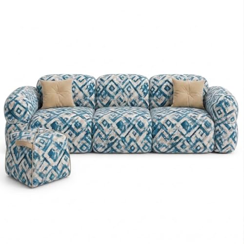 Image of FURNY Luxury Nimbus 4 Seater + Suri Pouf Sofa Set for Living Room | Tapestry Mosaic Fabric Upholstered | Modern Cushioned Comfortable Couch for Home Office & Drawing Room | Lagoon Blue