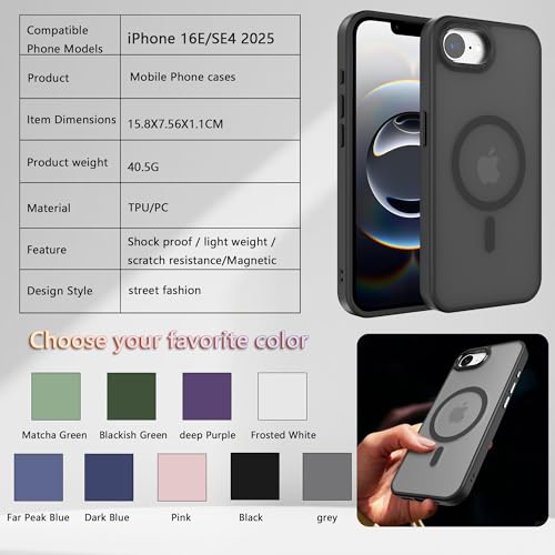 Image of Magnetic iPhone 16E /17e case,Compatible with Magsafe, Military-Grade Protection,Slim Translucent Matte Shockproof with Anti-Scratch Anti-Fingerprint Phone Cover (Black, iPhone 16E /17e)
