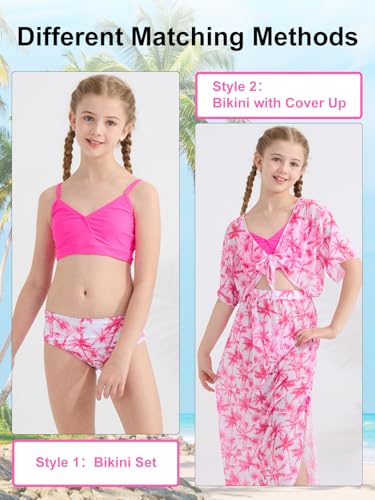 Girls Swimsuit 4 Piece Tropical Bathing Suits Taniki Bikini Swimwear Sets with Cover Up Skirt for 9-16Y4