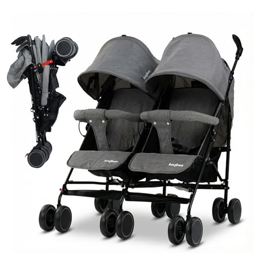 Image of Baybee 2-in-1 Twin Baby Stroller for 0-3 Years | Lightweight Foldable Pram for 0 to 5 Years | Adjustable Canopy, Safety Guardrail, Wheel Lock & Parental Handle | Baby Stroller for Boys & Girls (Grey)