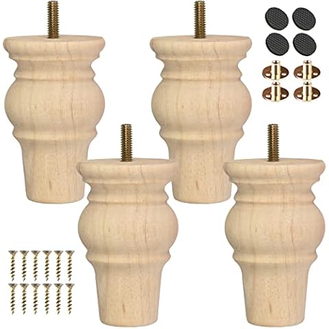 4 Inch Wooden Furniture Legs,Tchosuz Solid Unfinished Bun Feet with 5/16 inch Bolt,Modern Mid-Century Carved Sofa Couch Feet Furniture Replacement Legs for DIY Cabinet Cupboard Chair Ottoman,Set of 4 Cover