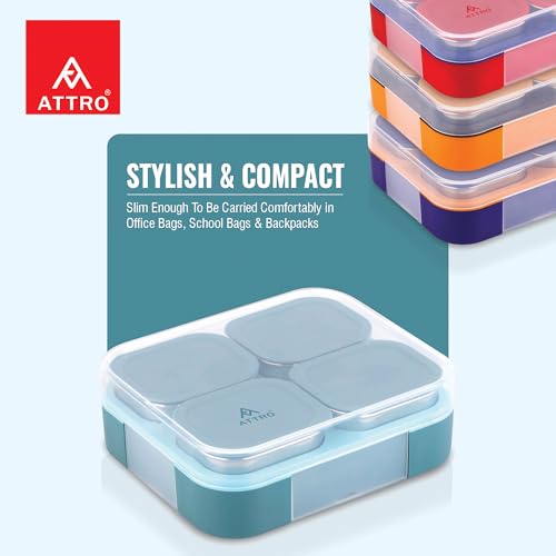 Image of ATTRO Admire-4 Insulated Lunch Box | 4 Removable Stainless Steel Containers with Lids | BPA-Free, Food Grade, Leak-Proof| Ideal for School, Office & Outdoor Use| 800ml, Aqua Blue