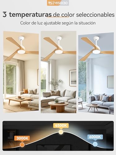 Ventilador de Techo con Luz y Control Remoto, Ø132 cm, Motor DC Silencioso, 6 Velocidades, 3 Temperaturas de Color LED (3000K/4000K/6000K), Modos Verano/Invierno, Temporizador 1/4/8 Horas(ABS) - imagen 2