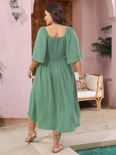 Image of SCOMCHIC Plus Size Summer Dress Casual Short Sleeve Bow Tie Deep V Neck Smocked Button Down Midi Flowy A-line Boho Dresses