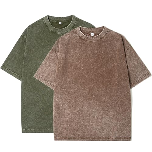 Eadali メンズ オーバーサイズ Tシャツ – ウォッシュドコットン ルーズフィット Tシャツ、ドロップショルダー クルーネック、ビンテージ バギースタイル ストリートウェア トップス, ブラウン/ダークグリーン, Mediumの商品画像（Amazon）