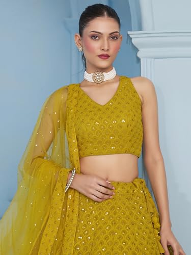 Image of Zeel Clothing Women's Sequins Thread Embroidered Georgette Lehenga Choli With Dupatta (5124-Women-Lehenga-Choli-New; Free size)