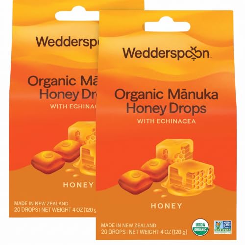 Wedderspoon Organic Manuka Honey-Drops &amp; Echinacea, 20 Count | Genuine New Zealand-Honey | Perfect Remedy for Dry Throats (Pack of 2)