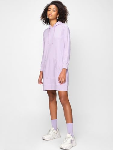 Bewakoof Women's Solid Regular Fit Full Sleeve Hooded Neck Terry Dress_ 596553_Purple_ L