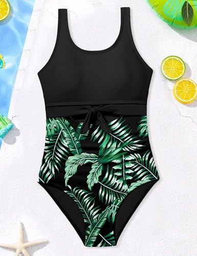 Image of Qaoerde Girls Swimsuit One Piece Swimsuits Cutout Ruched Bathing Suits Adjustable Straps Tie Girls' Swimwear 9-16Y