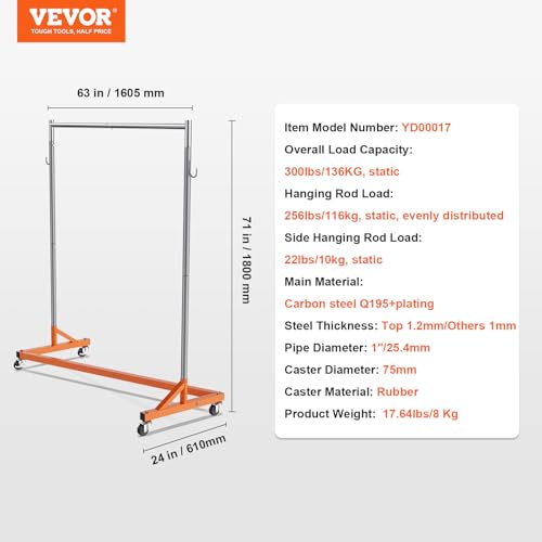VEVOR Z Rack, 300 lbs Industrial Grade Z Base Garment Rack, 24" x 63" x 71" Clothes Rack, Sturdy Steel Heavy Duty Clothing Rack w/Lockable Casters for Home Garment Store Orange by VEVOR - Image 7
