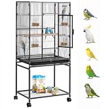 VEVOR Bird Cage, 24.6 x 16.7 x 53.9 inch, Flat Top, Wrought Iron Bird Flight Cage with Perches, Slide-Out Tray and Plastic Feeders, Casters, for Parrot, Blue Tit, Cockatiel, Canary, Budgerigar, Conure