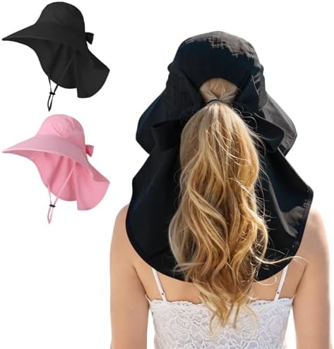 Utensilsto 2 Stück Unisex Sonnenhut UPF 50+ Angelhut wasserabweisend breite Kremp mit großem Nackenschutz Pferdeschwanz Herren Damen