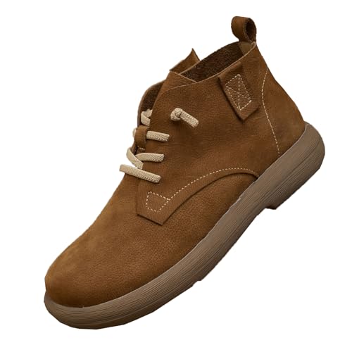 Men'S Genuine Leather Lace-Up Platform Ankle Boots Retro Round Toe Comfort Slip-On Softsole Handmade Booties For Driving Work Leather Boots