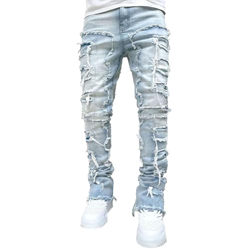 Mens Slim Fit Jeans Mens Stacked Jeans Black Skinny Jean Distressed Patchwork Frayed Straight Leg Denim Pants