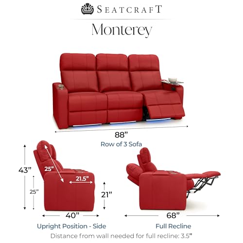 Image of Seatcraft Monterey Home Theater Seating Red Row of 3 Sofa | Italian Leather, Wall Hugger, Zero Gravity, Powered Headrest, Power Recline, Zero Gap, USB charging