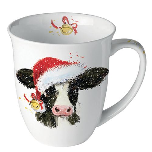 Ambiente Porcelain Mug Approx. 400 ml Bone China Mug for Tea or Coffee Autumn Winter Christmas Christmas Cow Bell