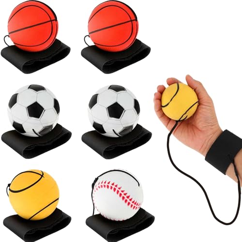 Antistressball, Springball Mit Schnur, 6 Stücke Sport Handgelenk Ball, Ø 6cm An Der Schnur, Handgelenk Return, Armband Spielzeug für Kinder Erwachsene, Fußball/Basketball/Softball/Baseball