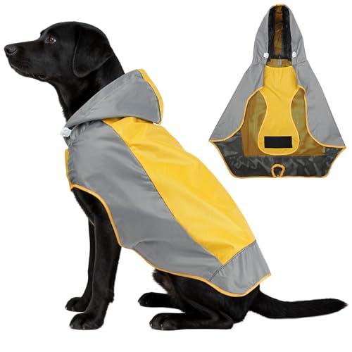AOOWU Impermeabile Cane, Impermeabile Cane Giacca Riflettente per Cani con Cappuccio, Giallo Impermeabile per Cani per Adatto a Cani di Taglia Grande, Media e Piccola (XL)