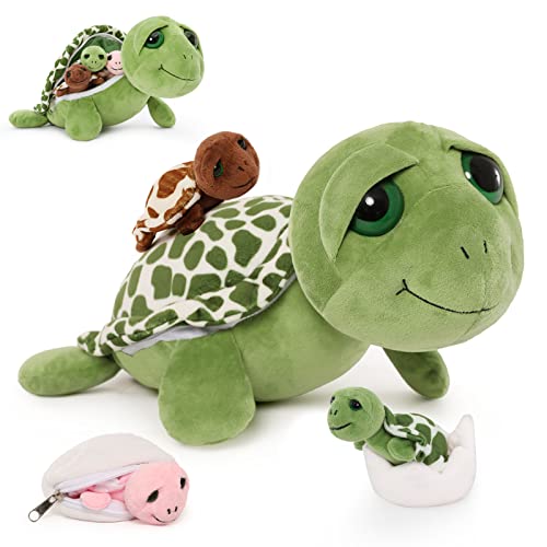 Image of Turtle Stuffed Animals with 3 Babies, 14 inch Sea Turtle Plush, Green