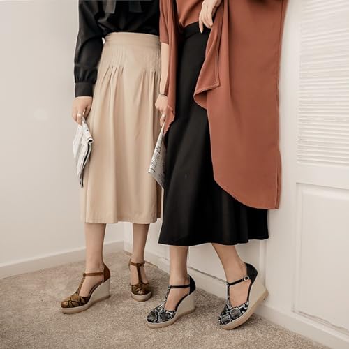 Alyaafifa High Heel Wedges Platform Espadrilles Pumps for Women Closed Round Toe Ankle Buckle Strap Heeled Sandals Office Lady Comfortable Matte Leather Dress Shoes4