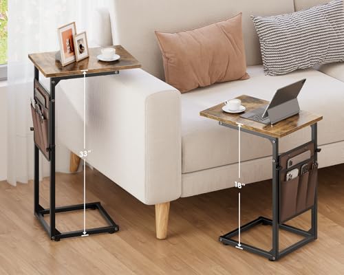 Vagusicc C Shaped End Table, 33Tall Side Table for Couch, Adjustable Height Sofa Table Small Couch Side Tables, Slide Under Recliner TV Tray Arm Tables with Metal Frame for Living Room,Bedroom,Brown
