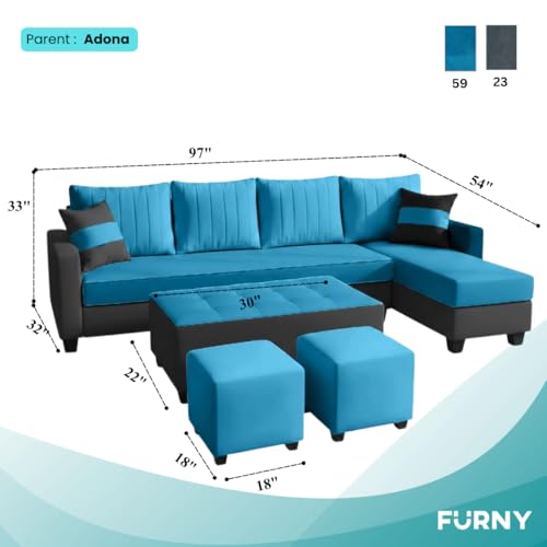 Image of FURNY Avenue 8 Seater Fabric RHS L Shape Sofa Set with 1 Centre Table & 2 Puffy (Aqua Blue-Dark Grey) Premium Velvet Finish