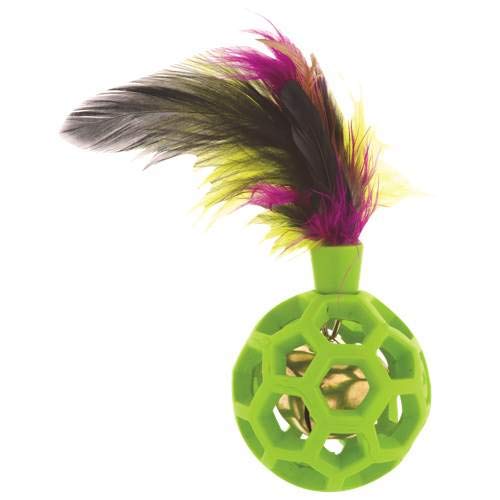 JW Cataction Feather Ball with Bell Cat Toy, Interactive Multi-Textured Cat Toy with Natural Rubber, Feathery Tail & Sturdy Bell for Engaging Play, Stuff Treats, Catnip, Promotes Healthy Exercise 1