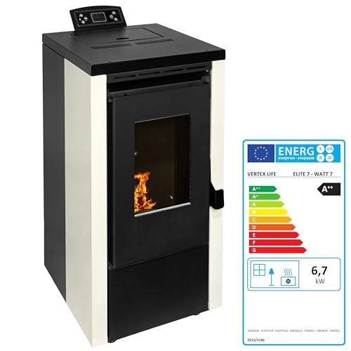 EIDER BIOMASA – Estufa de Pellets Elite 7 – 7,01 kW – Compacta 77x43x43 cm – Tolva 13 kg – Bajo Consumo – Programable – Calienta hasta 110 m³ – Clase Energética A+