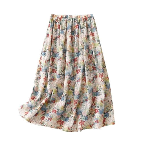 Xiaojmake Flowy Bohemian Skirt for Women Midi Length Elastic High Waist Ruffle A-Line Beach Skirt with Pockets 2024 Trendy