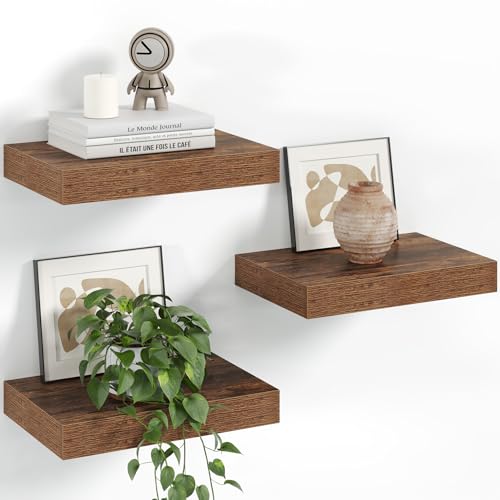 Image of Fun Memories 12 Inch Floating Shelves for Wall Set of 3, Wood Grain Bathroom Shelves with Invisible Brackets, Easy Install Wood Storage Shelves for Kitchen, Living Room, Bedroom, Brown