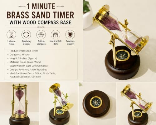 Image of Sand Timer sandclock Antique Brass Sand Timer with Compass on Wooden Base Hourglass Clock Nautical Theme Decor