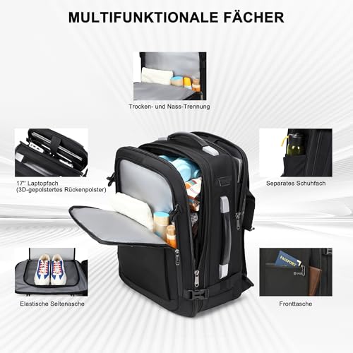 Mochila al vacío 60L elegante negra y extensible como equipaje de mano 6