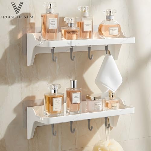 Image of HOUSE OF VIPA Bathroom Shelf for Wall, Self-Adhesive Bathroom Organiser with Towel Holder, Ideal Bathroom Accessories for Efficient Space Utilisation (Bath Shelf Rack, Pack 2)