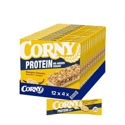Corny Protein Sabor Plátano y Vainilla - Barritas de Cereales Proteicas, 24% Proteína, Sin Azúcar Añadido - Pack de 12 Cajas x 4 Barritas de 25 g (48 Unidades)