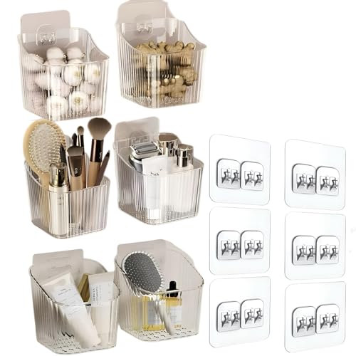 6Pack small Wall Mount Organizer Adhesive Cabinet Door Storage Bins Clear Makeup Container Stackable Organizer Basket for Kitchen Bathroom rv Pantry OfficeRefrigerator Small Items storage
