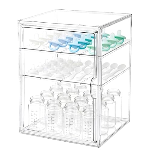 Image of Baby Bottle Organizer, 3 Tiers Acrylic Bottle Storage Organizer Container, Clear Plastic Bottle Station Organizer with 2 Adjustable Dividers for Kitchen Countertop, Bathroom, Cabinet, Vanity